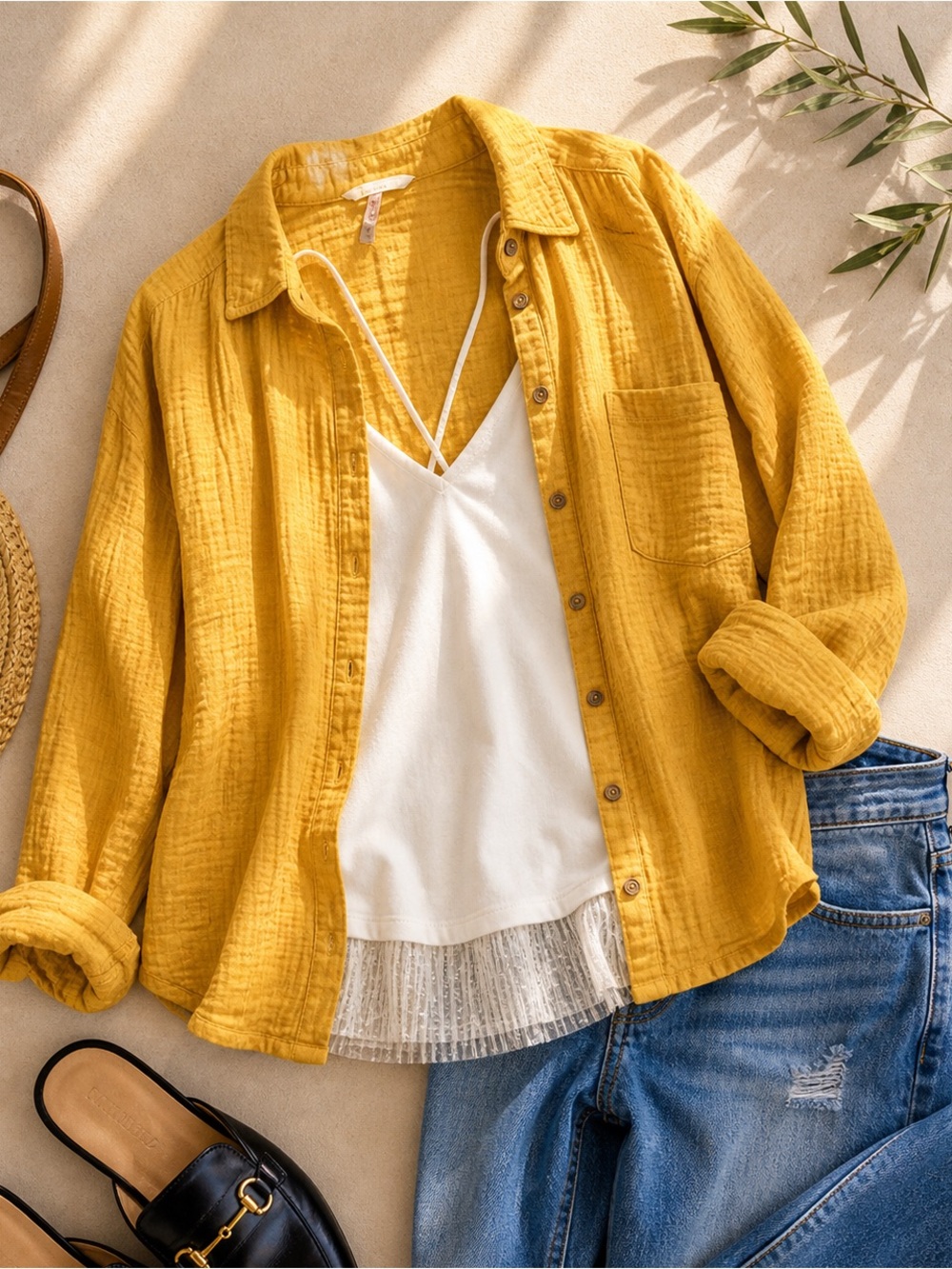 Free People Mustard Gauze Button Down Layering Shirt Outfit Finisher | Boho Sz S